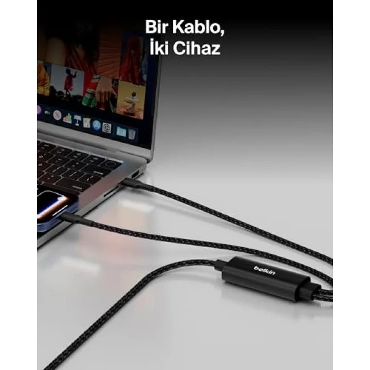 BoostCharge Pro 2’si 1 Arada 140 W USB-C - USB-C Şarj Kablosu, Örgülü Çift Şarj Kablosu, Akıllı Güç Paylaşımı ile Hızlı Şarj, MacBook, iPhone, iPad, Samsung, Pixel ve Daha Fazlası İçin, Siyah