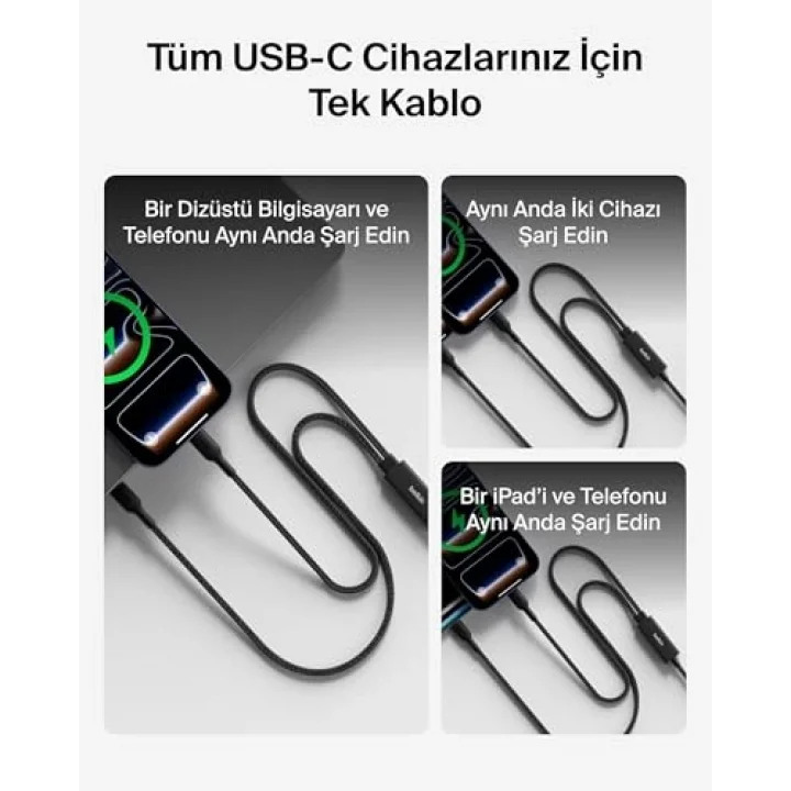 BoostCharge Pro 2’si 1 Arada 140 W USB-C - USB-C Şarj Kablosu, Örgülü Çift Şarj Kablosu, Akıllı Güç Paylaşımı ile Hızlı Şarj, MacBook, iPhone, iPad, Samsung, Pixel ve Daha Fazlası İçin, Siyah