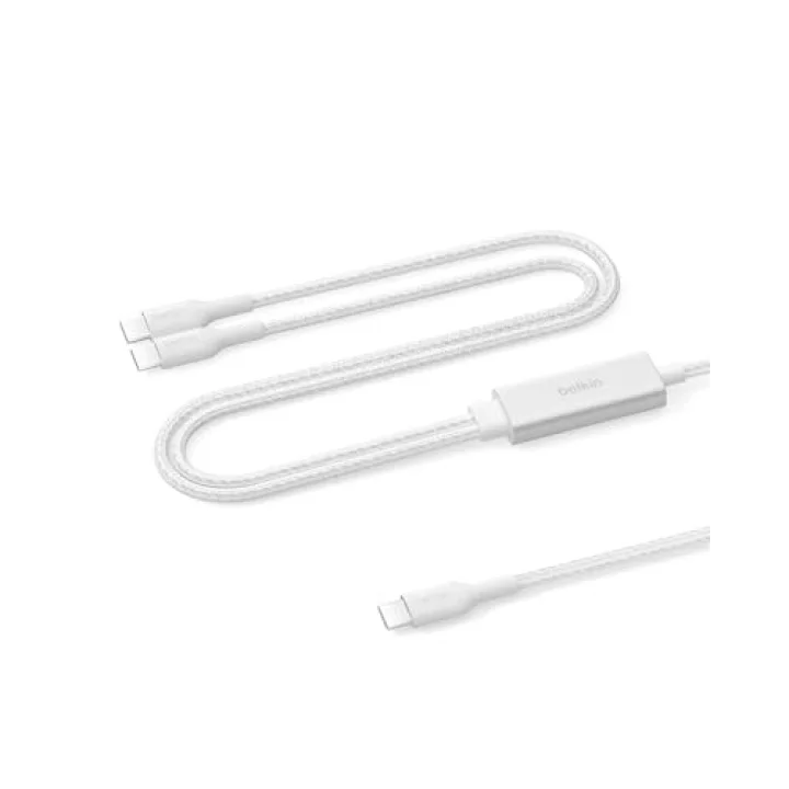 BoostCharge Pro 2’si 1 Arada 140 W USB-C - USB-C Şarj Kablosu, Örgülü Çift Şarj Kablosu, Akıllı Güç Paylaşımı ile Hızlı Şarj, MacBook, iPhone, iPad, Samsung, Pixel ve Daha Fazlası İçin, Beyaz
