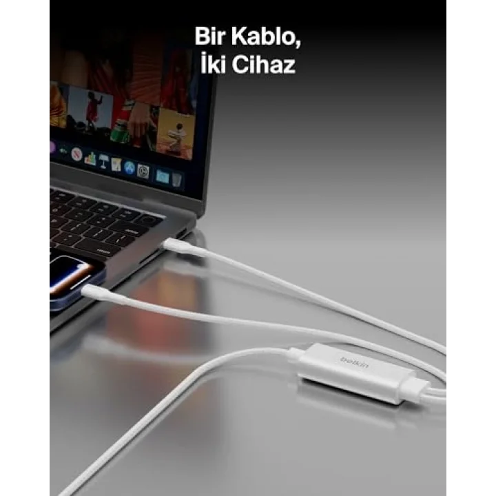 BoostCharge Pro 2’si 1 Arada 140 W USB-C - USB-C Şarj Kablosu, Örgülü Çift Şarj Kablosu, Akıllı Güç Paylaşımı ile Hızlı Şarj, MacBook, iPhone, iPad, Samsung, Pixel ve Daha Fazlası İçin, Beyaz