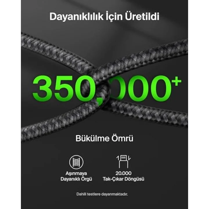 BoostCharge Pro 2’si 1 Arada 140 W USB-C - USB-C Şarj Kablosu, Örgülü Çift Şarj Kablosu, Akıllı Güç Paylaşımı ile Hızlı Şarj, MacBook, iPhone, iPad, Samsung, Pixel ve Daha Fazlası İçin, Siyah