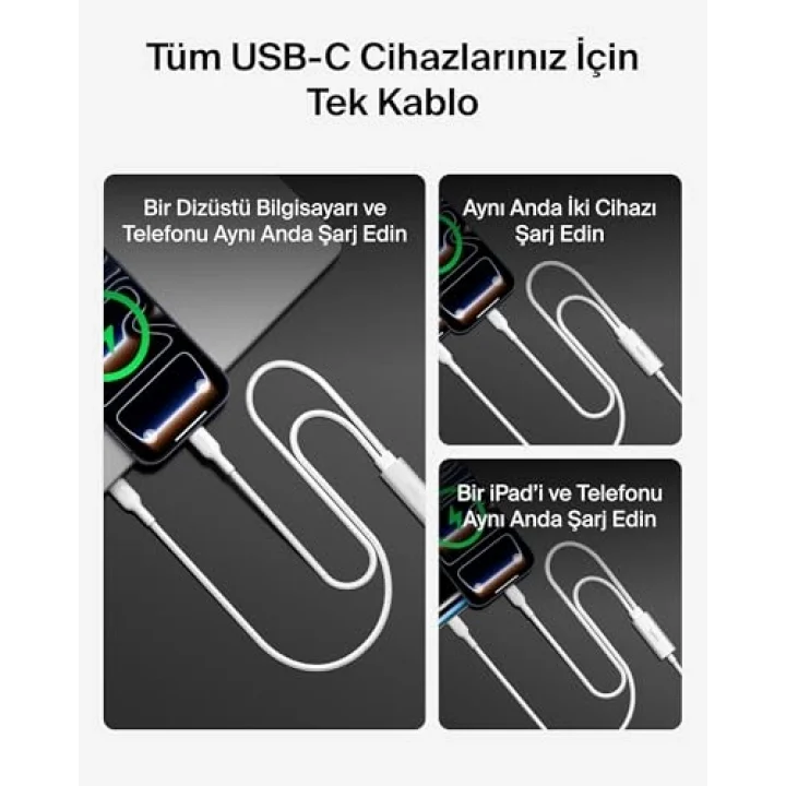 BoostCharge Pro 2’si 1 Arada 140 W USB-C - USB-C Şarj Kablosu, Örgülü Çift Şarj Kablosu, Akıllı Güç Paylaşımı ile Hızlı Şarj, MacBook, iPhone, iPad, Samsung, Pixel ve Daha Fazlası İçin, Beyaz