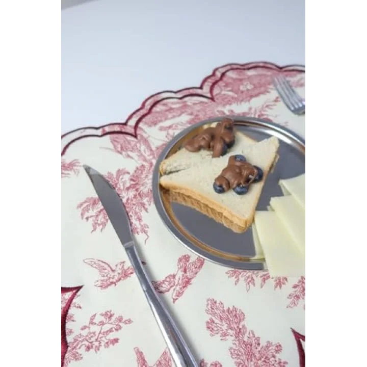 Bordo Beyaz Vintage Nakış İşlemeli Amerikan Servis 2li