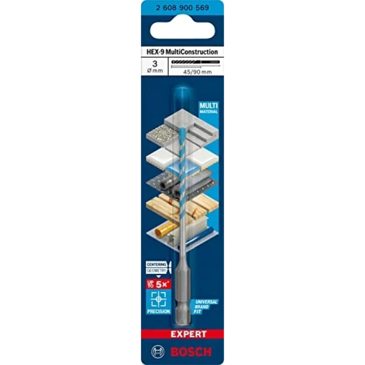 Bosch Professional 1x EXPERT HEX-9 MultiConstruction Delme Uçları (Beton, Yumuşak döşemeler, Çelik, Yumuşak ahşap, Plastik, Ø 3,00x90 mm, Aksesuar Döner Matkap/Vidalamalar)