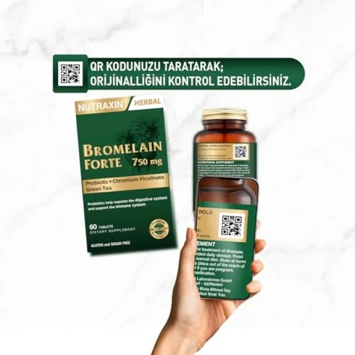 Bromelain Forte – 750 mg Bromelain, Yeşil Çay Ekstresi, Krom ve Probiyotik İçeren Tablet – 60 Tablet – Alerjen İçermez