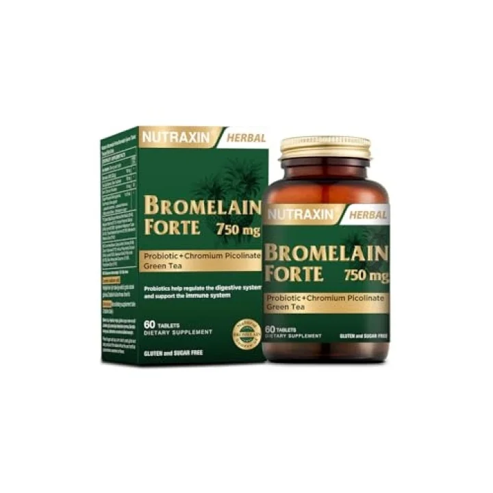 Bromelain Forte – 750 mg Bromelain, Yeşil Çay Ekstresi, Krom ve Probiyotik İçeren Tablet – 60 Tablet – Alerjen İçermez