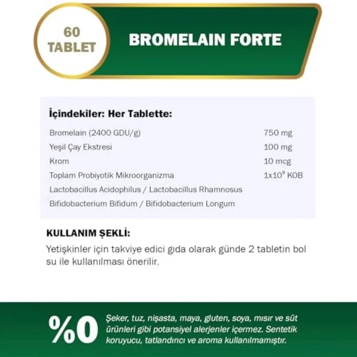 Bromelain Forte – 750 mg Bromelain, Yeşil Çay Ekstresi, Krom ve Probiyotik İçeren Tablet – 60 Tablet – Alerjen İçermez