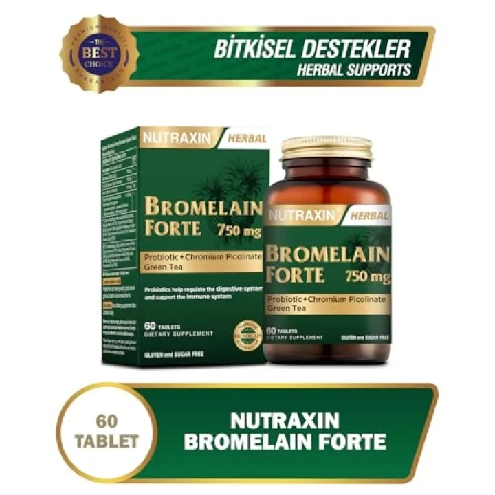 Bromelain Forte – 750 mg Bromelain, Yeşil Çay Ekstresi, Krom ve Probiyotik İçeren Tablet – 60 Tablet – Alerjen İçermez