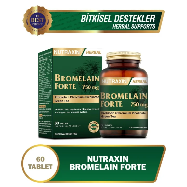 Bromelain Forte – 750 mg Bromelain, Yeşil Çay Ekstresi, Krom ve Probiyotik İçeren Tablet – 60 Tablet – Alerjen İçermez