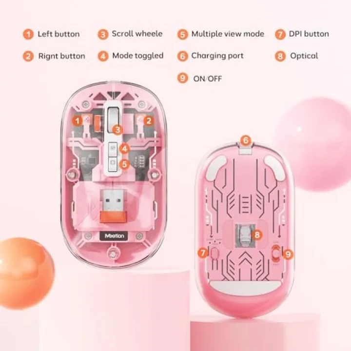 BTM005 | Saydam Ofis Mouse | 2.4G Kablosuz + Çift Bluetooth | Sessiz Tıklama | 2400 DPI (Pembe)