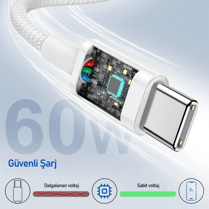 Buff Bl74 Örgülü 60W 1.2M Data Ve Şarj Kablosu, Bükülmeye Dayanıklı, Hızlı Şarj, Type-C To Type-C