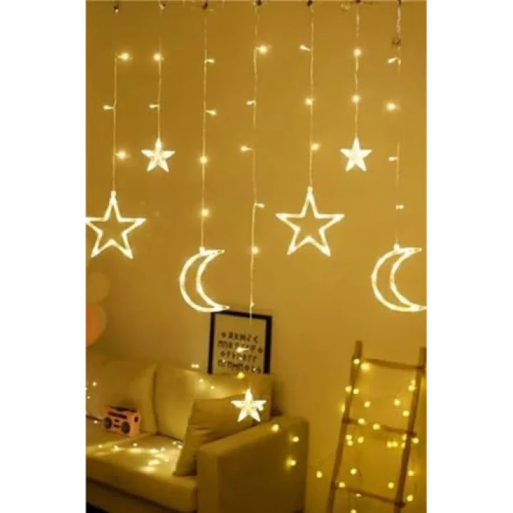 BUFFER Ay ve Yıldız Figürlü LED Dekor Işık, Kumandalı 12 Sarkıtlı 120 LED, Dekoratif Ortam ve Masaüstü Aydınlatması