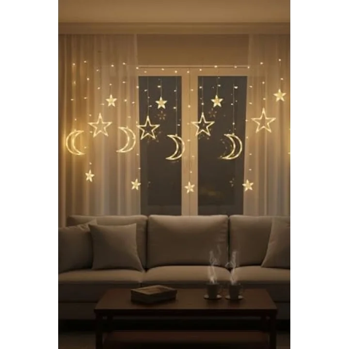 BUFFER Ay ve Yıldız Figürlü LED Dekor Işık, Kumandalı 12 Sarkıtlı 120 LED, Dekoratif Ortam ve Masaüstü Aydınlatması