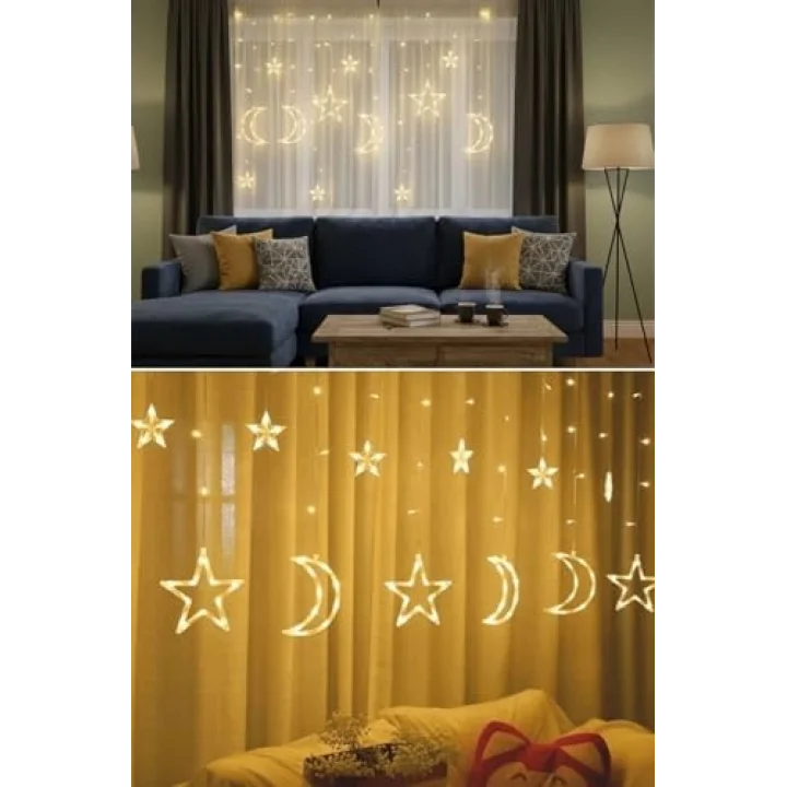 BUFFER Ay ve Yıldız Figürlü LED Dekor Işık, Kumandalı 12 Sarkıtlı 120 LED, Dekoratif Ortam ve Masaüstü Aydınlatması