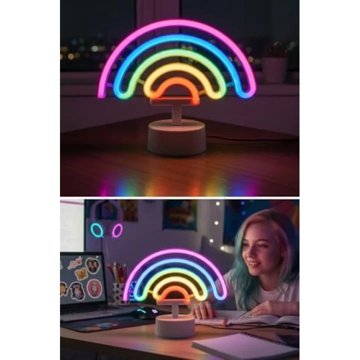 BUFFER Gökkuşağı Neon LED Işık, Renkli Plastik Masaüstü Dekoratif Ambiyans Aydınlatması, USB Beslemeli