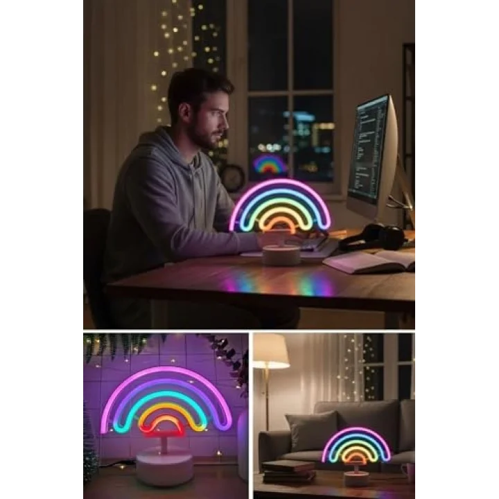 BUFFER Gökkuşağı Neon LED Işık, Renkli Plastik Masaüstü Dekoratif Ambiyans Aydınlatması, USB Beslemeli