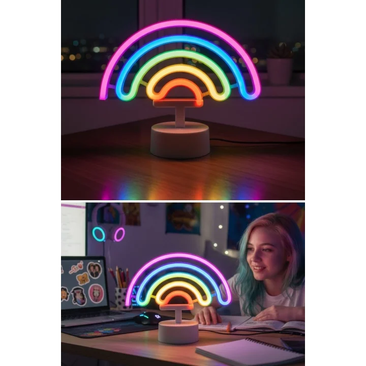 BUFFER Gökkuşağı Neon LED Işık, Renkli Plastik Masaüstü Dekoratif Ambiyans Aydınlatması, USB Beslemeli