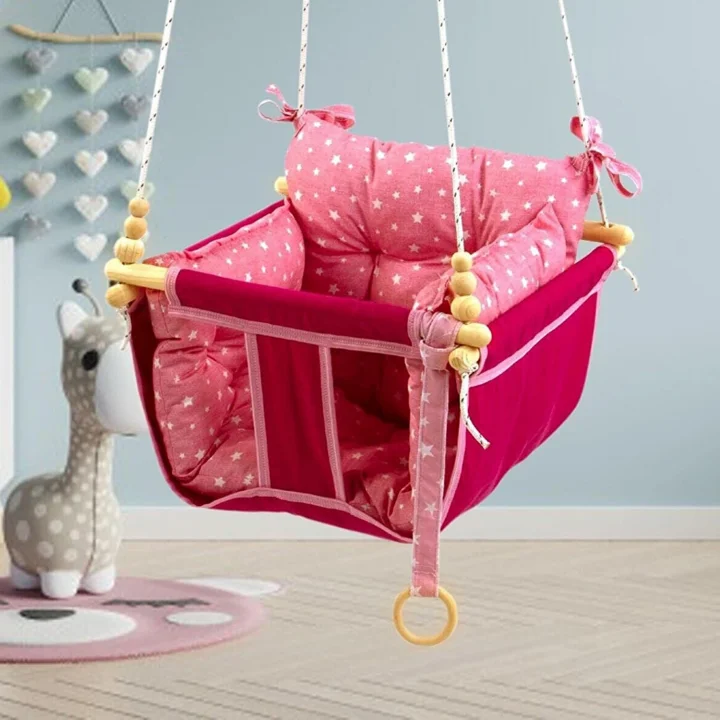 Bundera Wag Swing Çocuk Ahşap Bebek Hamak Ev Tavan Bahçe Salıncağı (Pembe)