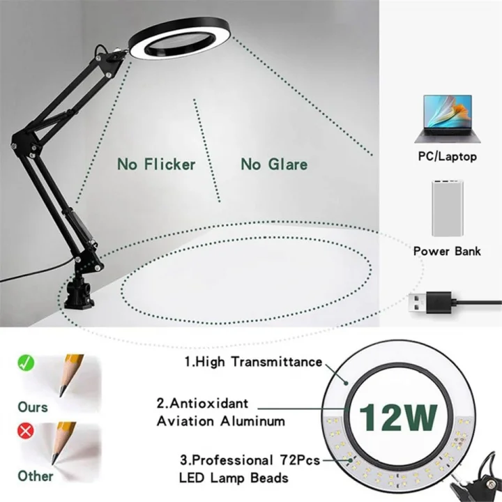 Büyüteçli Masa Lambası USB Güç Bağlantılı 10X Büyütmeli LED Işıklı Masaüstü Lamba 360 Derece Dönebilen Başlıklı Ayarlanabilir Parlaklık Seviyeli Esnek Kollu Çalışma Lambası | FLB06