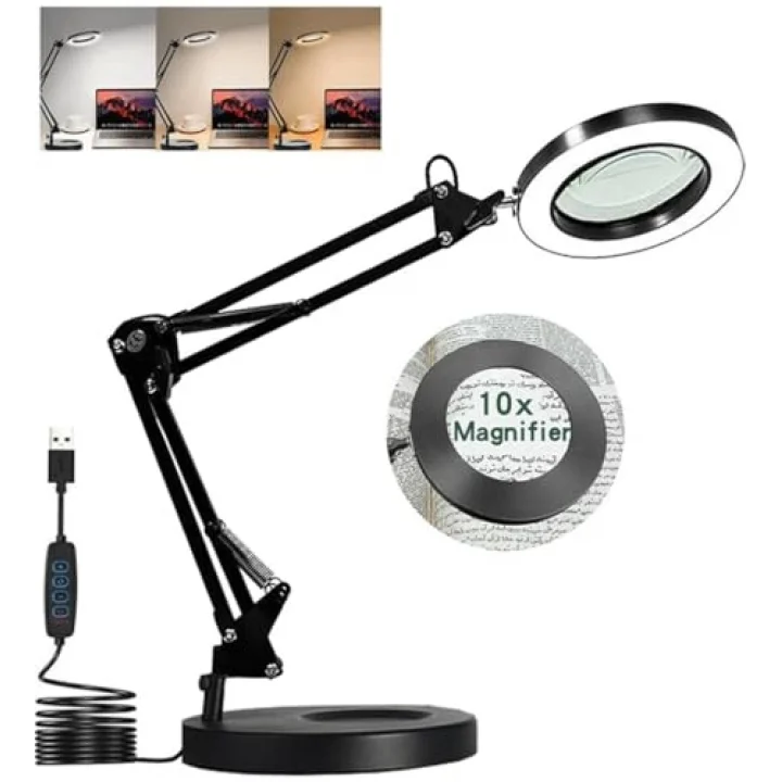 Büyüteçli Masa Lambası USB Güç Bağlantılı 10X Büyütmeli LED Işıklı Masaüstü Lamba 360 Derece Dönebilen Başlıklı Ayarlanabilir Parlaklık Seviyeli Esnek Kollu Çalışma Lambası | FLB06