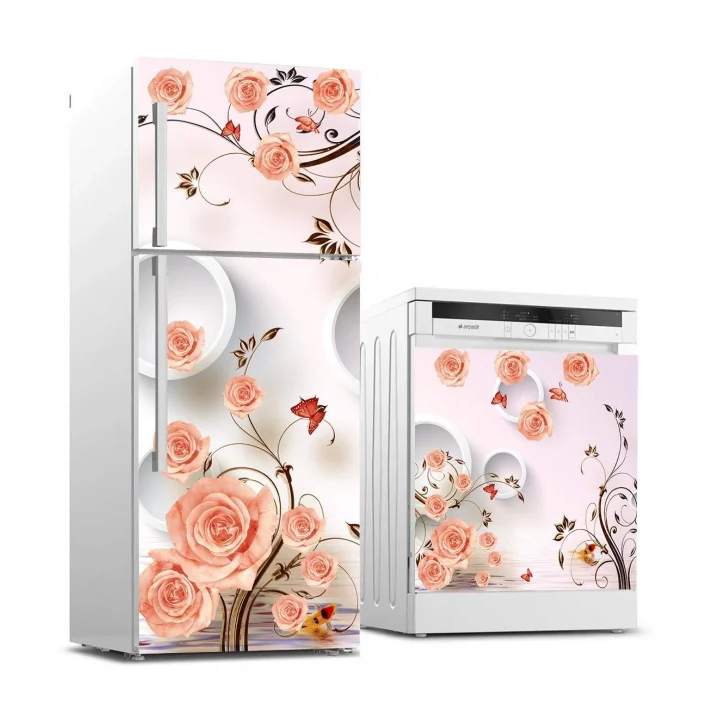 Buzdolabı ve Bulaşık Makinası Beyaz Eşya Sticker Kaplama Pembe Çiçek