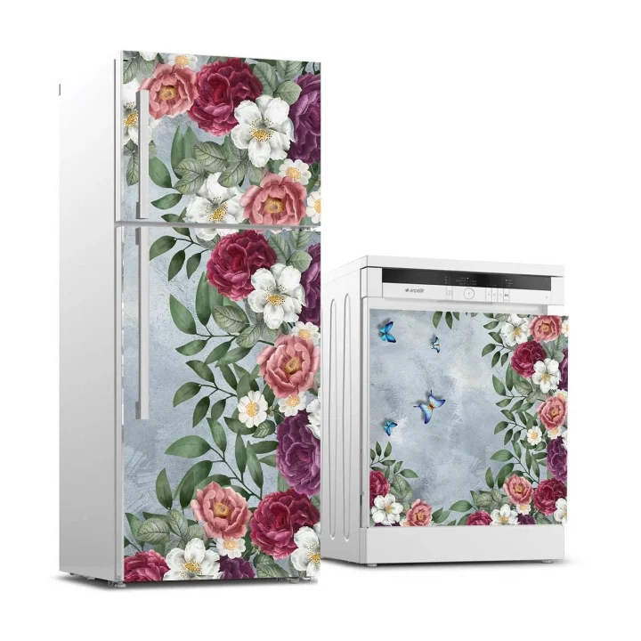 Buzdolabı ve Bulaşık Makinası Beyaz Eşya Sticker Kaplama Zarif Çiçekler