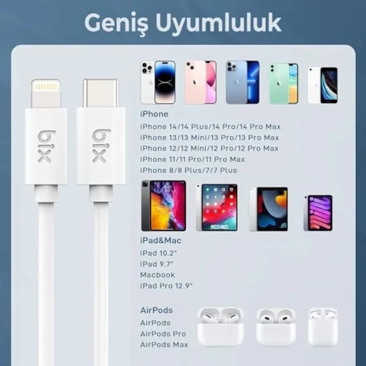 BX-IP01UC Type-C to Lightning 3A Hızlı Şarj ve Data Transfer Kablosu Beyaz 1 Metre