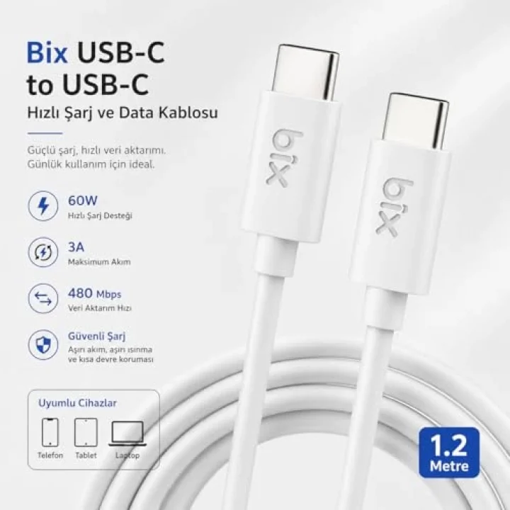 BX-UC02C 60W Type-C to Type-C Hızlı Şarj ve Data Kablosu 1.2 Metre Beyaz