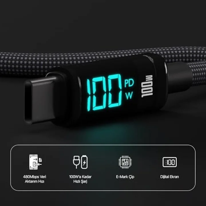 BX09CC Type-C to Type-C 100W 480Mbps E-Marker Çipli LED Dijital Ekranlı Şarj ve Data Kablosu 1 Metre (Siyah)