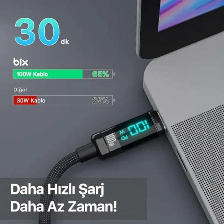 BX09CC Type-C to Type-C 100W 480Mbps E-Marker Çipli LED Dijital Ekranlı Şarj ve Data Kablosu 1 Metre (Siyah)