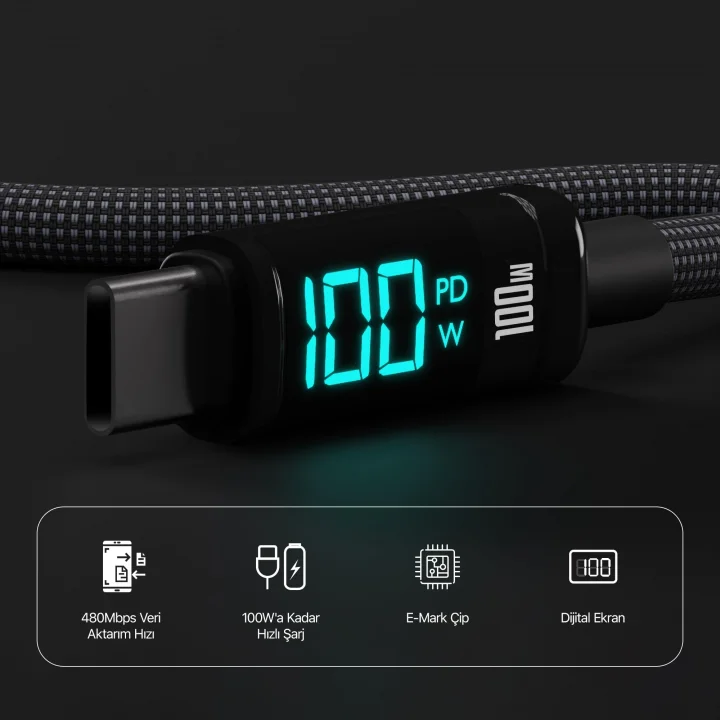 BX09CC Type-C to Type-C 100W 480Mbps E-Marker Çipli LED Dijital Ekranlı Şarj ve Data Kablosu 1 Metre (Siyah)