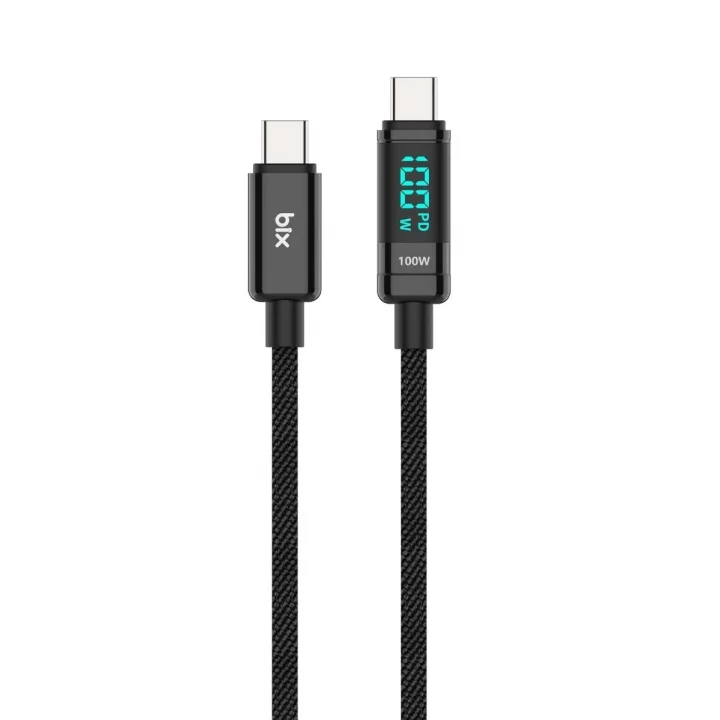 BX09CC Type-C to Type-C 100W 480Mbps E-Marker Çipli LED Dijital Ekranlı Şarj ve Data Kablosu 1 Metre (Siyah)