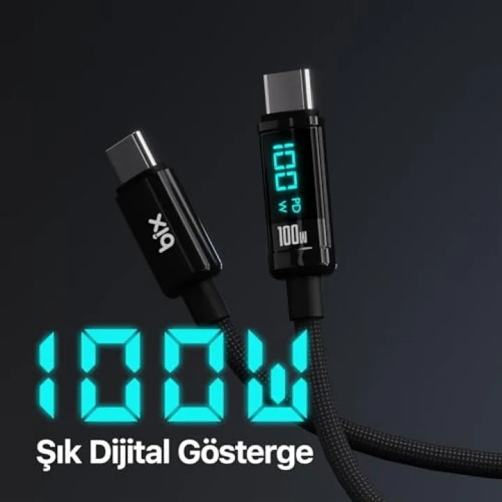 BX09CC Type-C to Type-C 100W 480Mbps E-Marker Çipli LED Dijital Ekranlı Şarj ve Data Kablosu 1 Metre (Siyah)
