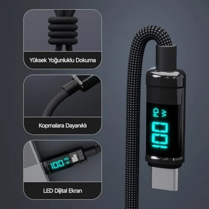 BX09CC Type-C to Type-C 100W 480Mbps E-Marker Çipli LED Dijital Ekranlı Şarj ve Data Kablosu 1 Metre (Siyah)