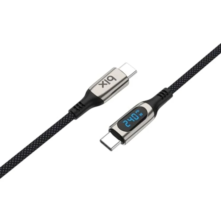 BXCC243 Type-C to Type-C 240W 480Mbps E-Marker Çip Dijital Ekran Göstergeli Örgülü Şarj ve Data Kablosu 1 Metre