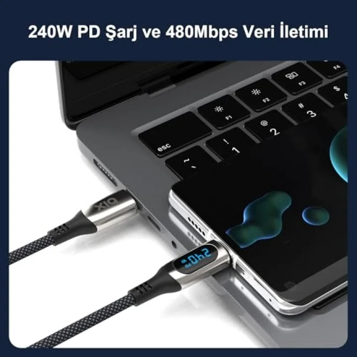 BXCC243 Type-C to Type-C 240W 480Mbps E-Marker Çip Dijital Ekran Göstergeli Örgülü Şarj ve Data Kablosu 1 Metre