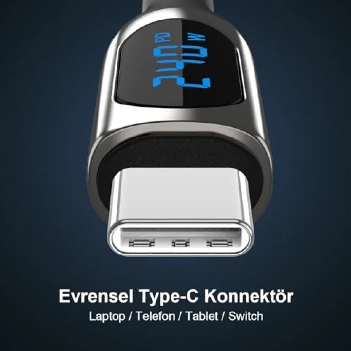 BXCC243 Type-C to Type-C 240W 480Mbps E-Marker Çip Dijital Ekran Göstergeli Örgülü Şarj ve Data Kablosu 1 Metre