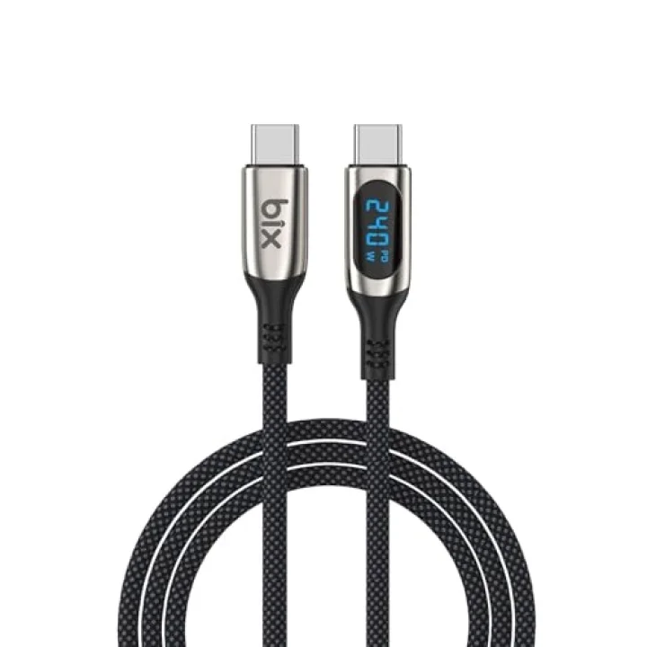 BXCC243 Type-C to Type-C 240W 480Mbps E-Marker Çip Dijital Ekran Göstergeli Örgülü Şarj ve Data Kablosu 1 Metre