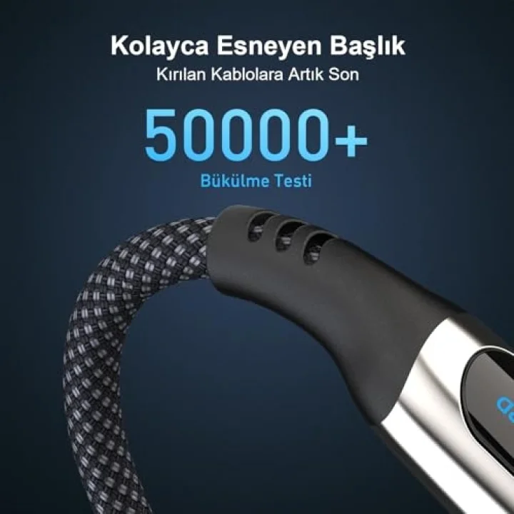 BXCC243 Type-C to Type-C 240W 480Mbps E-Marker Çip Dijital Ekran Göstergeli Örgülü Şarj ve Data Kablosu 1 Metre