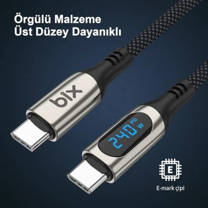 BXCC243 Type-C to Type-C 240W 480Mbps E-Marker Çip Dijital Ekran Göstergeli Örgülü Şarj ve Data Kablosu 1 Metre
