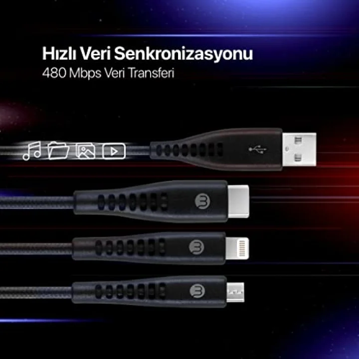 by Ttec Trio Şarj Kablosu USB-A - USB-C/Lightning ile Uyumlu/Micro USB 150cm - Siyah ((2 yıl Ttec garantilidir)