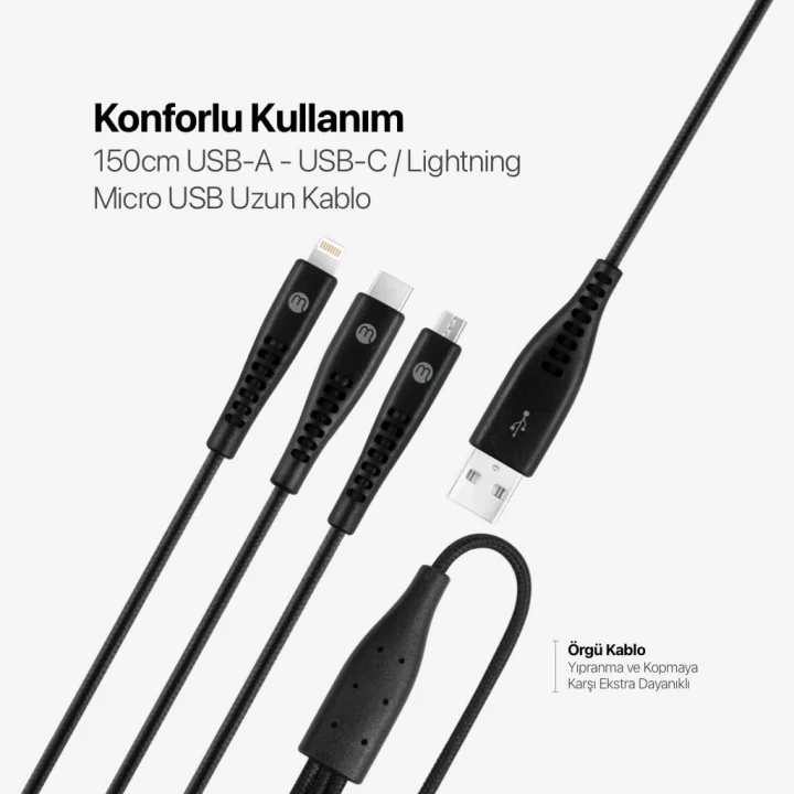 by Ttec Trio Şarj Kablosu USB-A - USB-C/Lightning ile Uyumlu/Micro USB 150cm - Siyah ((2 yıl Ttec garantilidir)