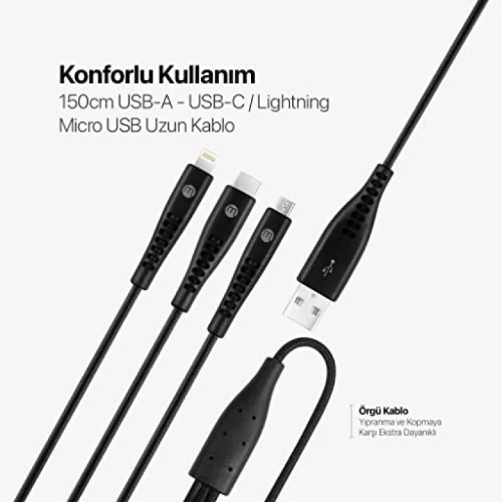 by Ttec Trio Şarj Kablosu USB-A - USB-C/Lightning ile Uyumlu/Micro USB 150cm - Siyah ((2 yıl Ttec garantilidir)