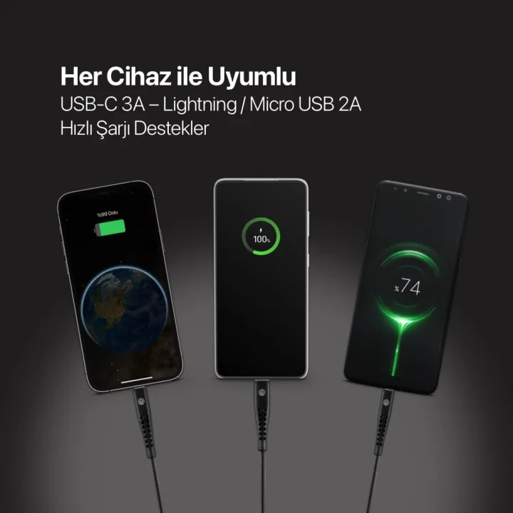by Ttec Trio Şarj Kablosu USB-A - USB-C/Lightning ile Uyumlu/Micro USB 150cm - Siyah ((2 yıl Ttec garantilidir)
