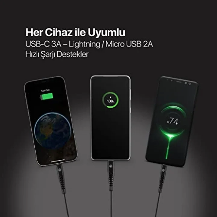 by Ttec Trio Şarj Kablosu USB-A - USB-C/Lightning ile Uyumlu/Micro USB 150cm - Siyah ((2 yıl Ttec garantilidir)