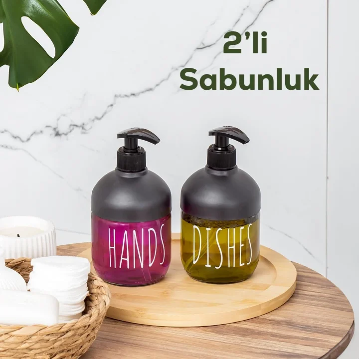 C-527 2li Cool Sıvı Sabunluk Seti - Mutfak-Banyo Tezgah Üstü Temizlik Seti - Antrasit Cam 425 mL