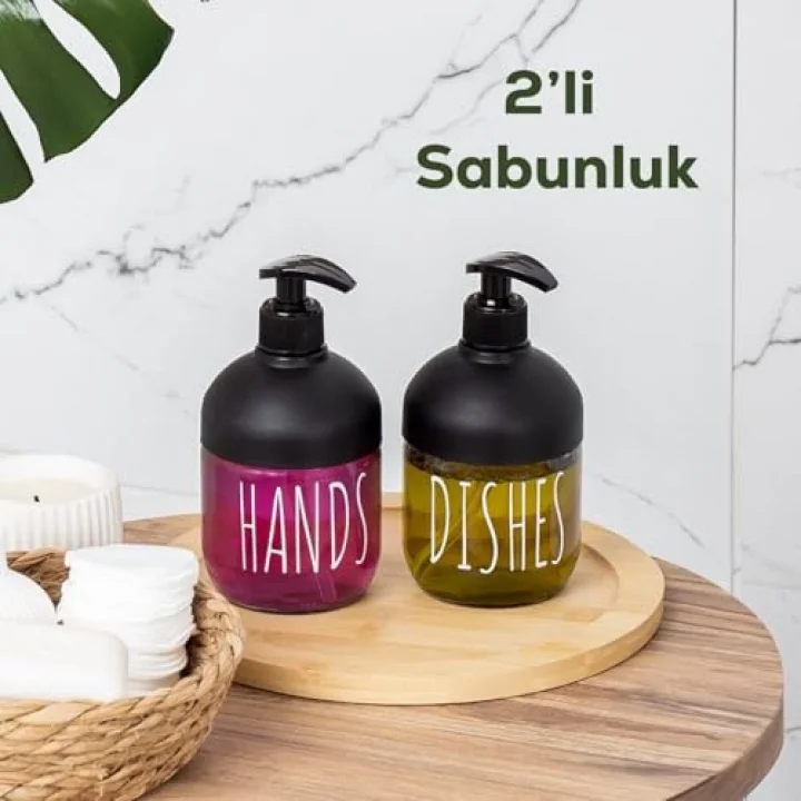 C-527 2li Cool Sıvı Sabunluk Seti - Mutfak-Banyo Tezgah Üstü Temizlik Seti - Siyah Cam 425 mL