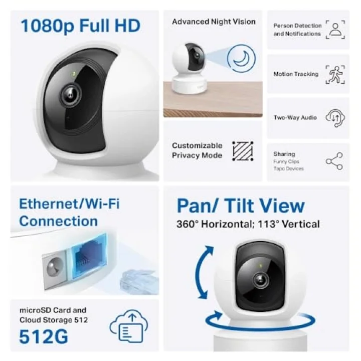 C202, 1080P Full HD, Hareket Tespit ve Takibi, 360°, 9m Gece Görüşü, Çift Yönlü Ses, Alarm, Bulut/Yerel Depolama, Bebek Ağlaması Tespiti, İç Mekan Ethernet/Wi-Fi Güvenlik Kamerası