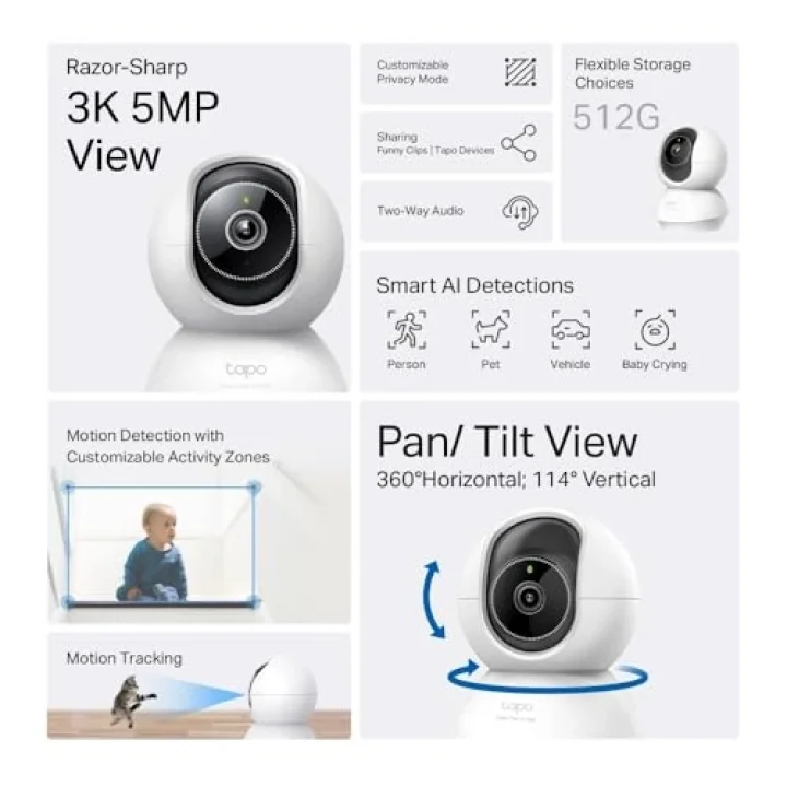 C230, 3K 5MP, Yapay Zeka Desteği, Hareket Takibi, 360°, 12m Gece Görüşü, Çift Yönlü Sesli İletişim, Bulut/Yerel Depolama, Bebek Ağlaması Tespiti,İç Mekan Wi-Fi Güvenlik Kamerası