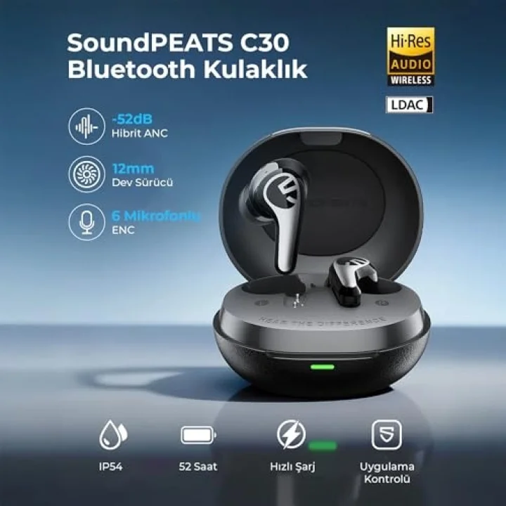 C30 Hybrid ANC Hi-Res LDAC TWS Bluetooth 6.0 Kablosuz Kulak içi Kulaklık Siyah